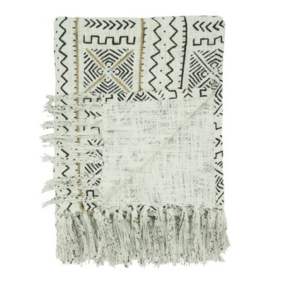 White Cotton Mudcloth Design Throw Blanket with Fringe