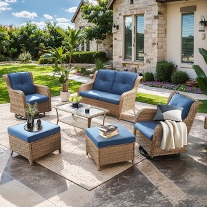 Gymojoy 6 Piece Outdoor Wicker Loveseat Sofa with Patio Swivel Glider Chairs with Coffee Table and Ottoman Sets - 1 of 4