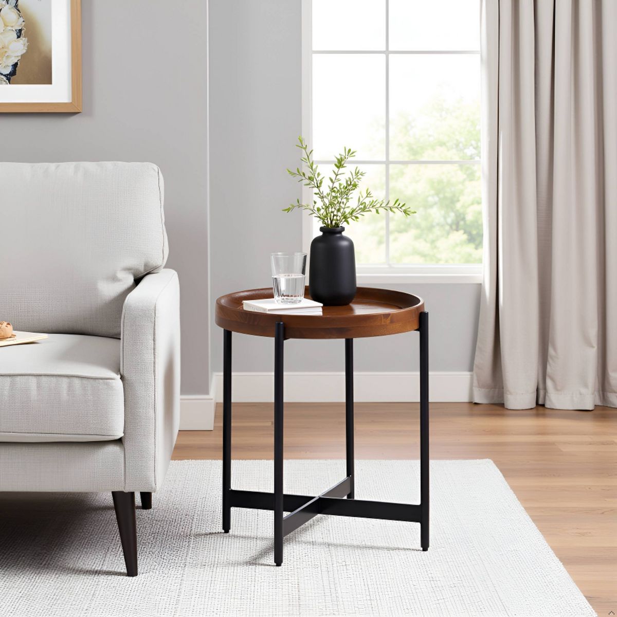 20" Brookline Round End Table Medium Chestnut - Alaterre Furniture: Chic Industrial, Fixed Tray Top - thumbnail 9