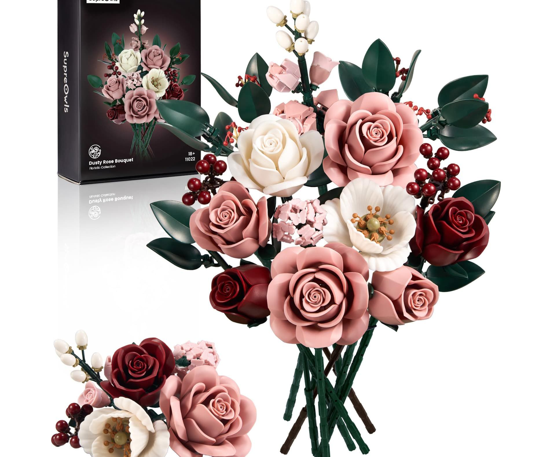 Angel Sar Pink Roses Flower Bouquet Building Set, Artificial Botanical Collection Kit, for Home Office Shelf Decor, Valentine's Gift