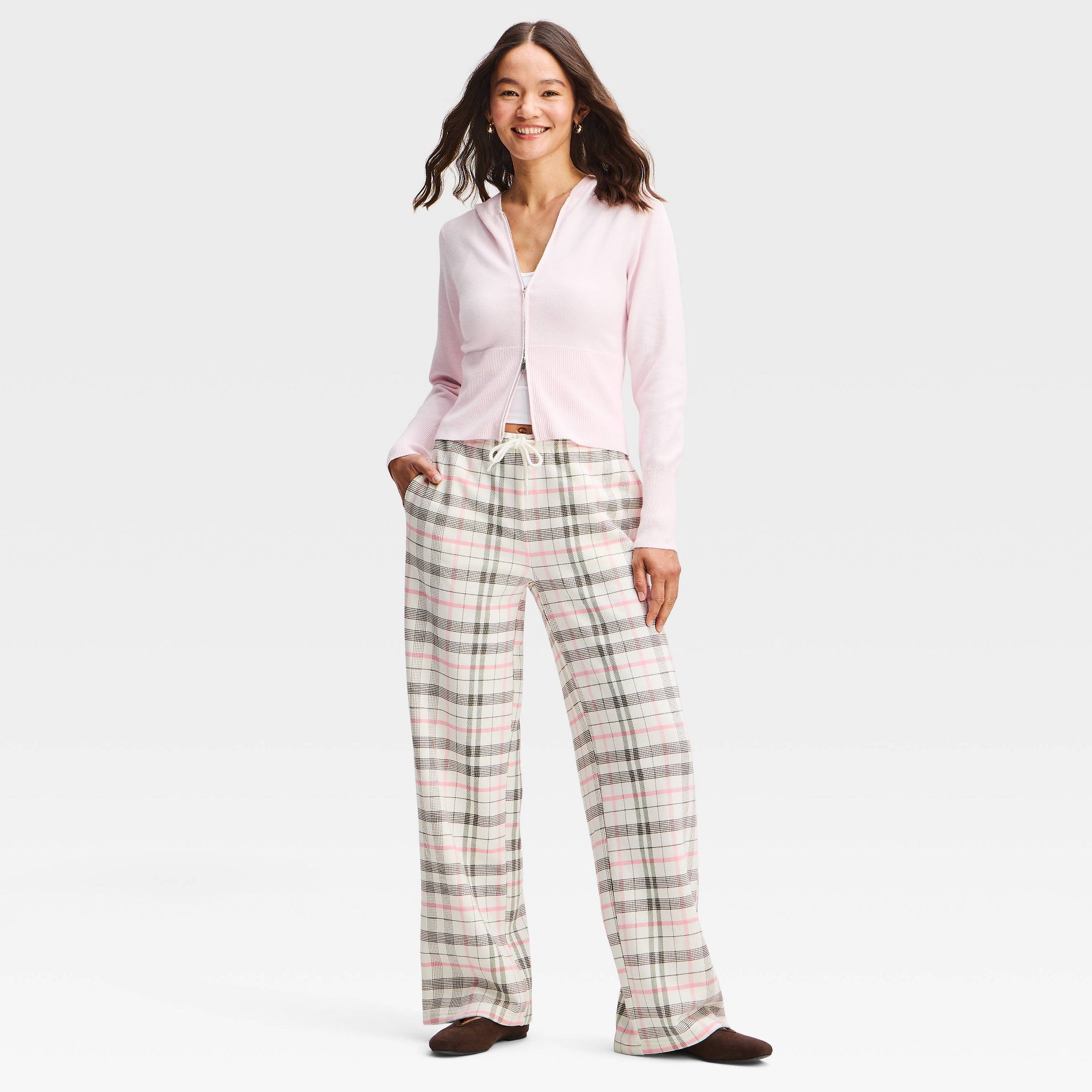 Women's Plaid Fleece Sweatpants - Cream