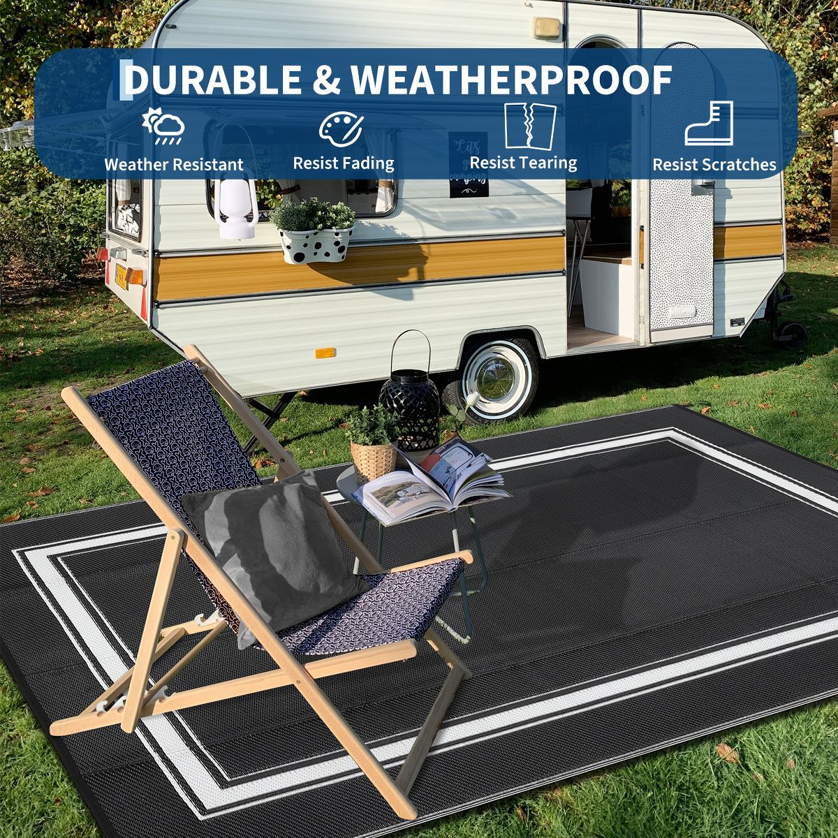 Garvee Outdoor Rug, Waterproof Reversible Modern Border Rugs, Plastic Straw Rug for Patio Balcony RV Camping - thumbnail 6