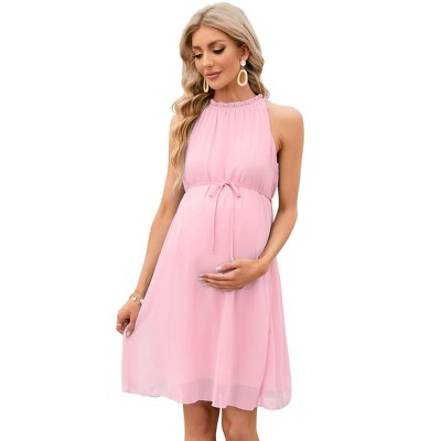 Clearlove Maternity Halter Neck Dress Summer Casual Sleeveless High Waisted Flowy Pregnancy Dresses