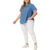 Agnes Orinda Women's Plus Size Denim Roll Sleeve Stand Collar Chambray Button Down Shirts - 2 of 4