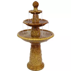 Sunnydaze 43"H Electric Ceramic 3-Tier Floral Motif Outdoor Water Fountain with LED Lights