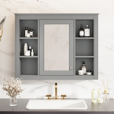 ALEXOUN 35'' x 27.5'' Wall Mounted Bathroom Mirror and Storage, Modern Bathroom Mirror with Wall Cabinet, Mirror Cabinet with 6 Open Shelves