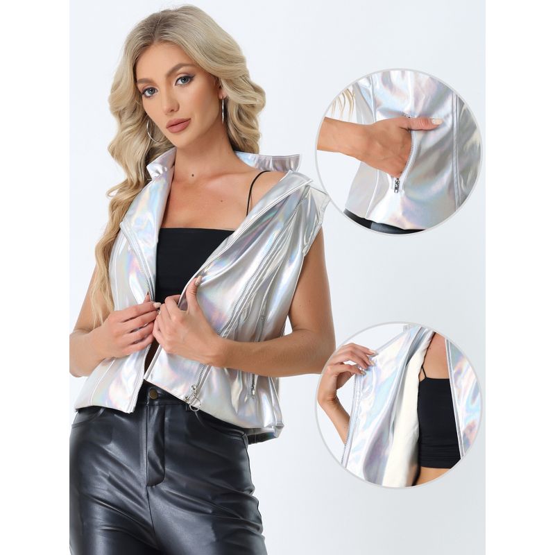 Allegra K Women's Stand Collar Sleeveless Zipper Shiny Metallic Vest, 2 of 7