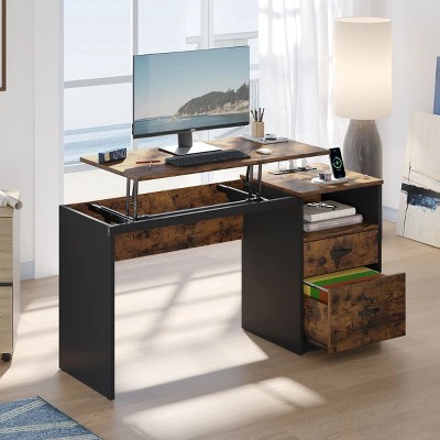 Retro Grey Oak Adjustable Height Standing Desk with Drawer and Power Outlet