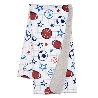 Image of Lambs & Ivy Baby Sports White Fleece Baby Blanket - Football/Basketball/Baseball