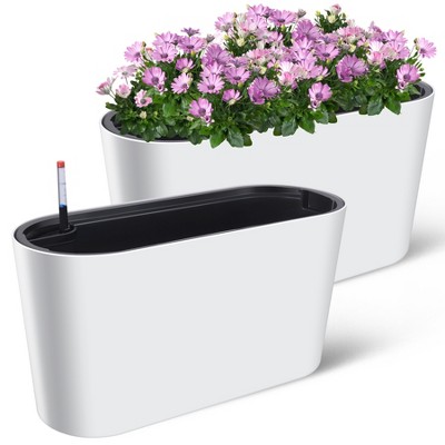 Garvee 2 Pack Tall Oval Planter Box with Wheels Modern Flower Pots with Water Level & Removable Insert Bucket for Outdoor Patio, Garden, Window