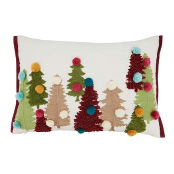 Saro Lifestyle Cheerful Charm Pom Pom Christmas Trees Down Filled Throw Pillow, 14"x20", Multicolored