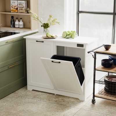 Sevobal Kitchen Storage Trash Can Cabinet with 2 doors Handles and Device, Garbage Bin Holder for Living Room Balcony, White, 37.4"*15.8"*30.7"