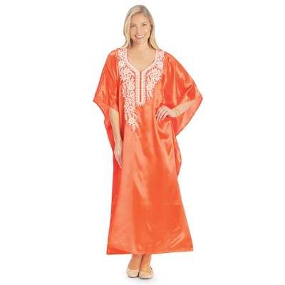 Collections Etc Elegant Floral Embroidered Satiny Caftan