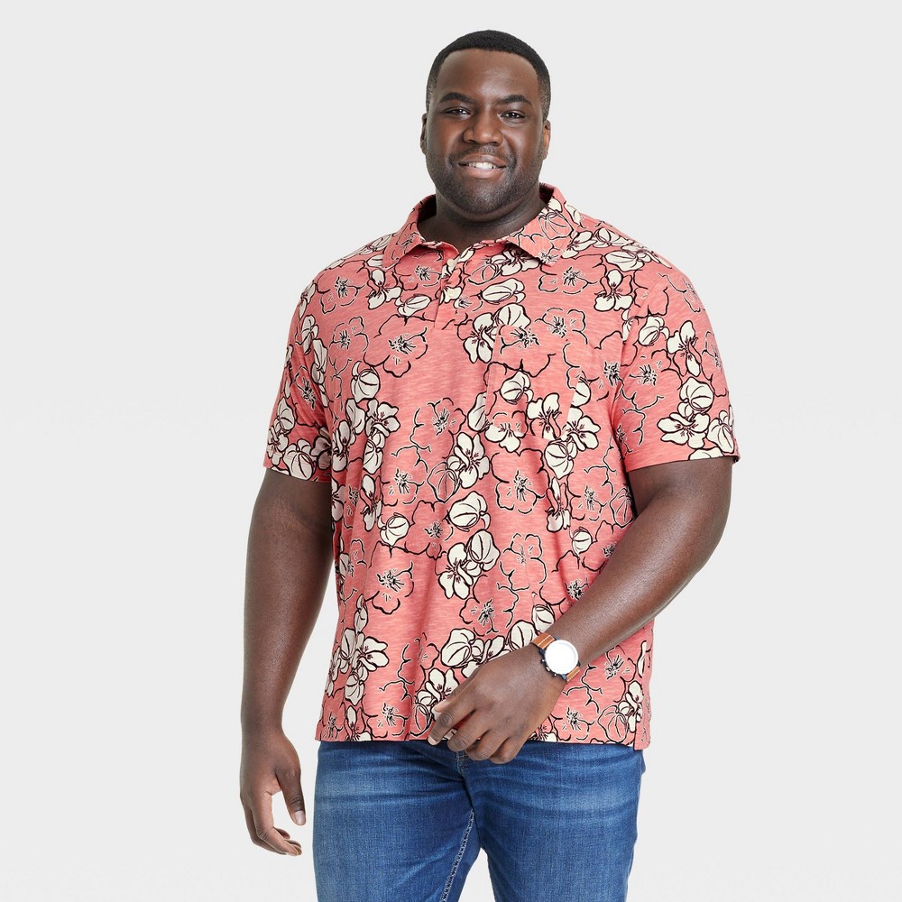 Men's Big & Tall Regular Fit Short Sleeve Slub Jersey Polo Shirt - Goodfellow & Co™ Coral Pink/Floral Print MT -  87130924