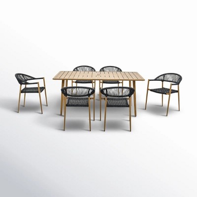 Rectangular Planked Wood Outdoor Dining Set：7-Piece Mesh Weave Chair Patio Furniture