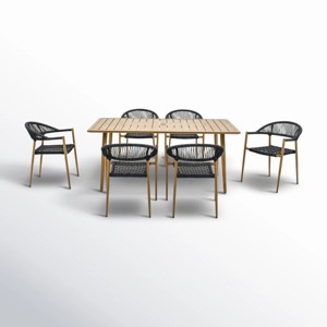 Rectangular Planked Wood Outdoor Dining Set：7-Piece Mesh Weave Chair Patio Furniture - 1 of 4