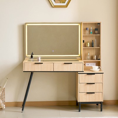 MOEPISY Makeup Vanity Desk with Power Outlet, Makeup Desk with 5 Drawers&Storage Shelves