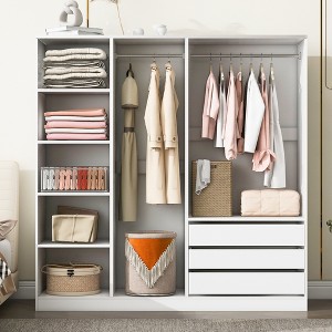 67"W Doorless Wardrobe Clothing Armoire Closet Storage Cabinet  with 3 Drawers, Hanging Rails and Storage Shelves, White/Natural-ModernLuxe - 1 of 4