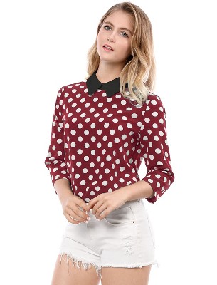Womens Polka Dot Shirt Feminine Long Sleeve V Neck Office Work Button Down  Blouse Tops Ladies Casual Classic Tunic(Red,XXL)