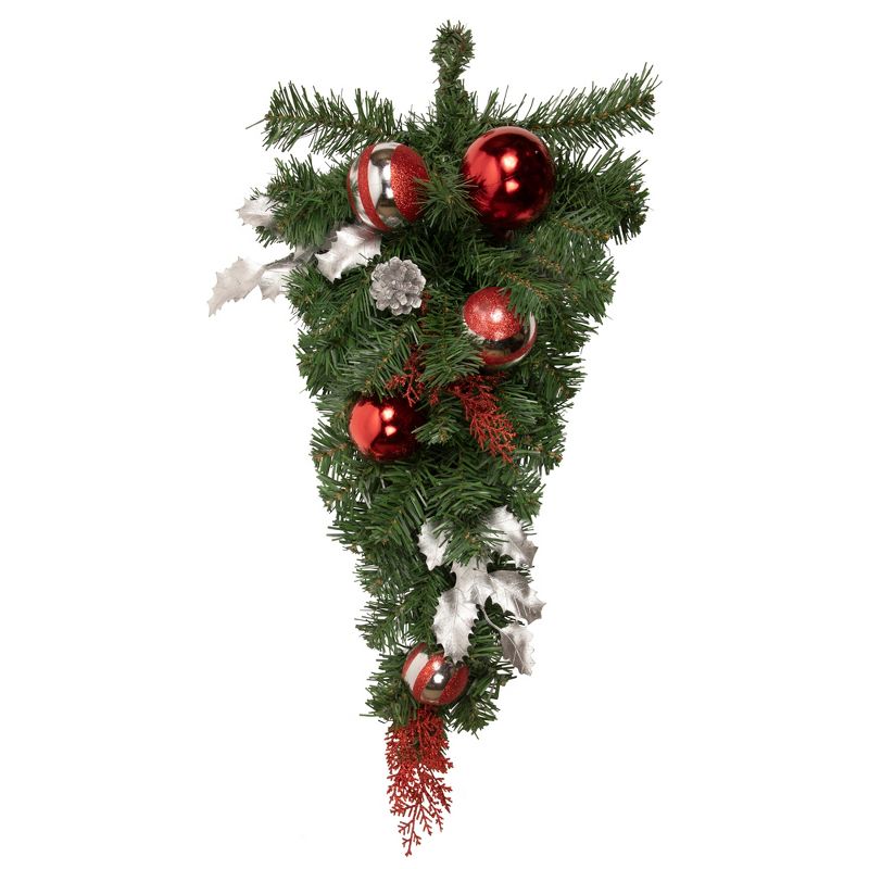 Northlight 24" Unlit Red/Silver Cedar and Pine Cone Artificial Christmas Teardrop Swag, 1 of 5