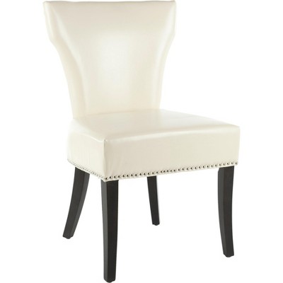 Transitional Flat Cream Leather Parsons Side Chair with Wood Accents