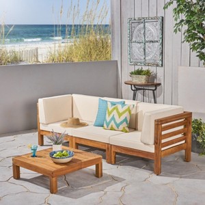 Christopher Knight Home Oana Outdoor Acacia Wood 3 Seater Sofa Chat Set with Cushions - 1 of 4