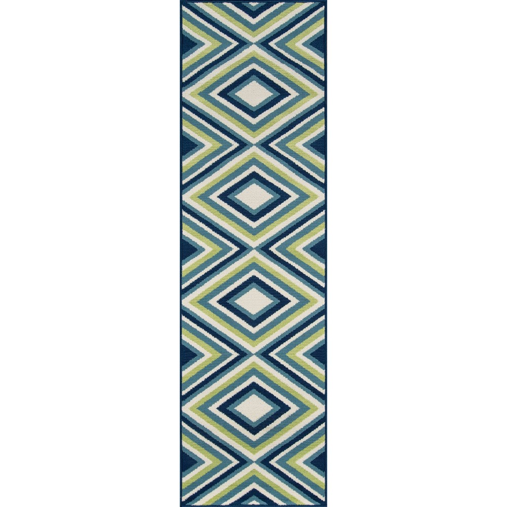 2'3 x8' Geometric Runner Blue/Yellow - Momeni This elegant indoor/outdoor all-weather area rug offers everything you need to complete the ultimate outdoor room. Repeating stripes, diamonds, trellis and arabesque shapes meet nautical icons like ropes, anchors and waves, adding a luxe layer to all interior and exterior living spaces, including patios, porches and pool decks. Durable power-loomed construction ensures each decorative floorcovering transitions beautifully from season to season while the vibrant color palette and enduring polypropylene fibers offer endless design possibilities indoors and out. Color: One Color. Pattern: Geometric.