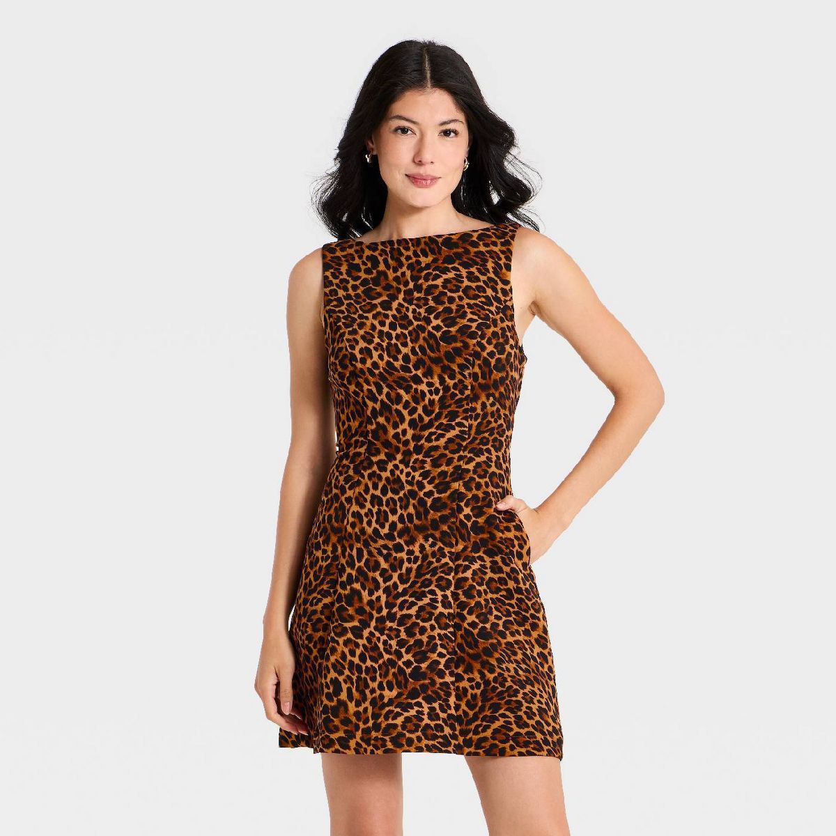 Women's Sleeveless Boat Neck Mini Dress - A New Day™ Cheetah