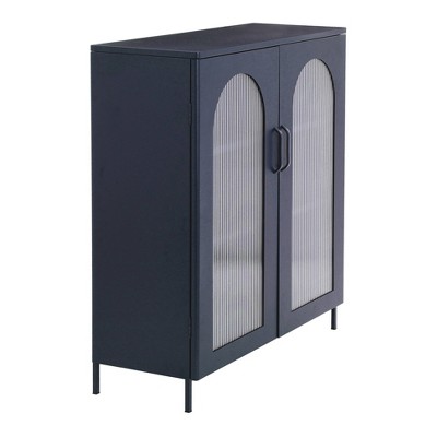 Solstice 40" Black Metal Accent Cabinet with Striated Glass Doors