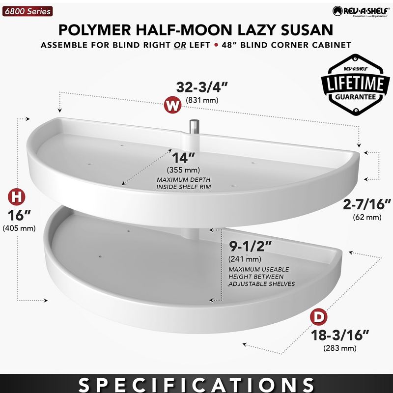 Rev-A-Shelf Polymer Half Moon 2-Tier Lazy Susan Blind Corner Kitchen Cabinet Storage Organizer w/ Pivot & Slide Hardware, 4 of 8