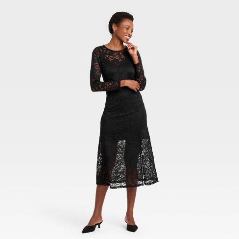 Women's Long Sleeve Midi Lace Dress - A New Day™ Black Floral - image 1 of 3