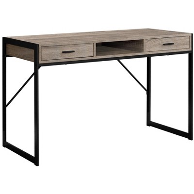 Contemporary Dark Taupe Wood-Grain Home Office Desk with Black Metal Frame