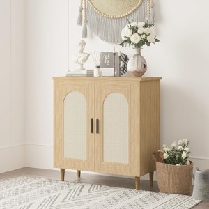 Rattan Buffet Cabinet with Storage, Boho Sideboard Cabinet Featuring 2 Doors and Adjustable Shelves, Wooden Cupboard for Kitchen - 1 of 4