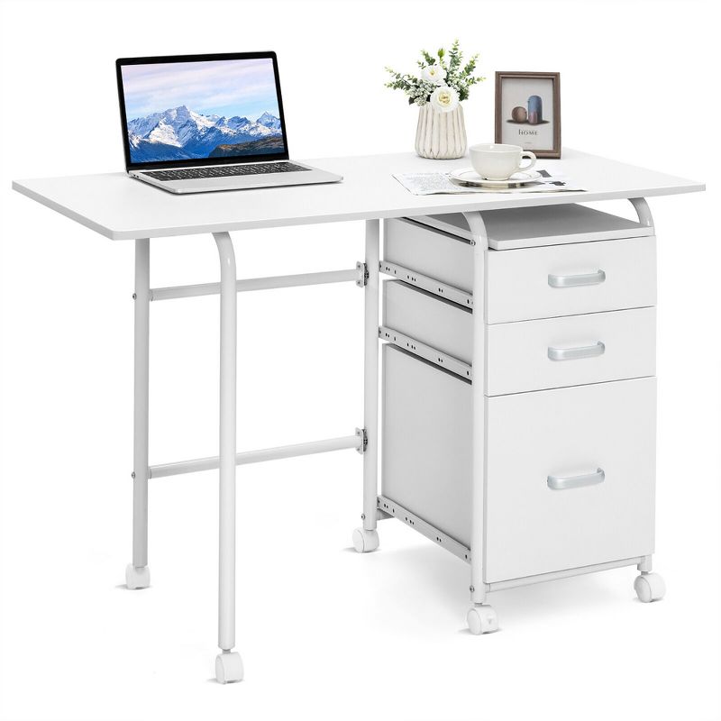 Tangkula Folding Computer Laptop Desk Wheeled Home Office Furniture w/3 Drawers White, 1 of 10