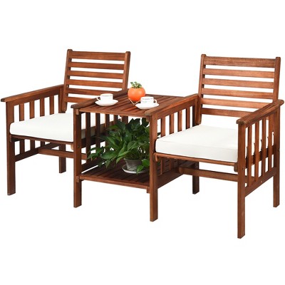 Acacia Wood 2-Person Patio Loveseat Set with Off-White Cushions
