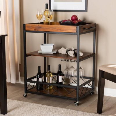 Capri Rustic Oak and Black Metal Mobile Bar Cart with Wine Storage