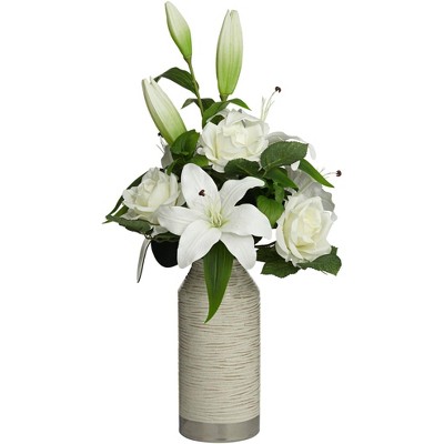 Dahlia Studios White Rose and Lily 24" High Faux Flowers in Vase