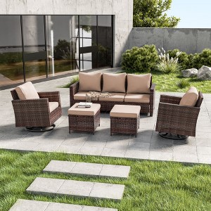 Sonkuki 5-Piece Patio Conversation Set with Swivel Rocking Chair, Navy Blue Cushion - 1 of 4