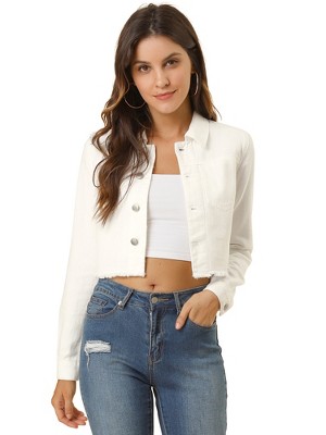 Allegra K Women's Turn Down Frayed Button Down Washed Cropped Denim Jacket