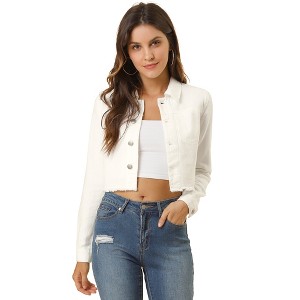 Allegra K Women's Turn Down Frayed Button Down Washed Cropped Denim Jacket - 1 of 4