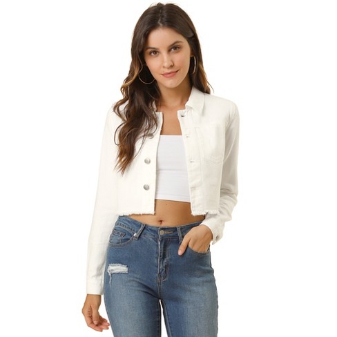 Allegra K Women s Turn Down Frayed Button Down Washed Cropped