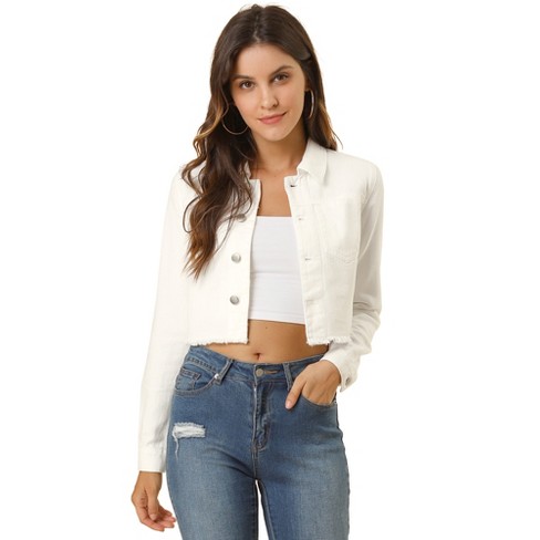 Allegra K Women's Turn Down Frayed Button Down Washed Cropped Denim Jacket  White Medium