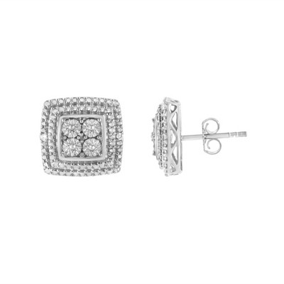 Haus of Brilliance Silver Diamond Accented Square Shaped Milgrain Stud Earrings
