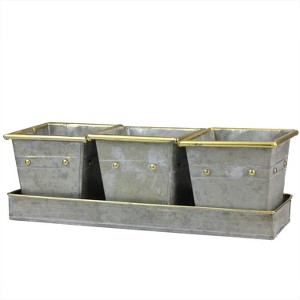 Melrose Set of 3 Decorative Gray Square Pots with Gold Colored Accents in a Tray 15.5" - 1 of 4