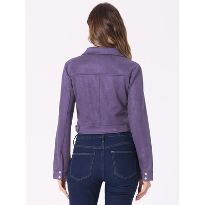INSPIRE CHIC Women's Casual Faux Suede Notched Collar Button Up Cropped Jacket with Pockets Purple Small — фото 4