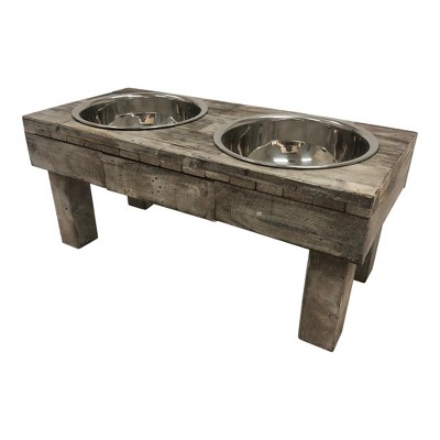 Small Brown Wash Reclaimed Wood Elevated Double Pet Feeder