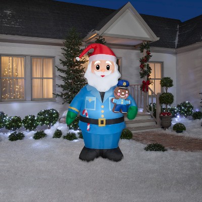 7' Blue Policeman Santa with Gingerbread Man Inflatable Yard Decoration