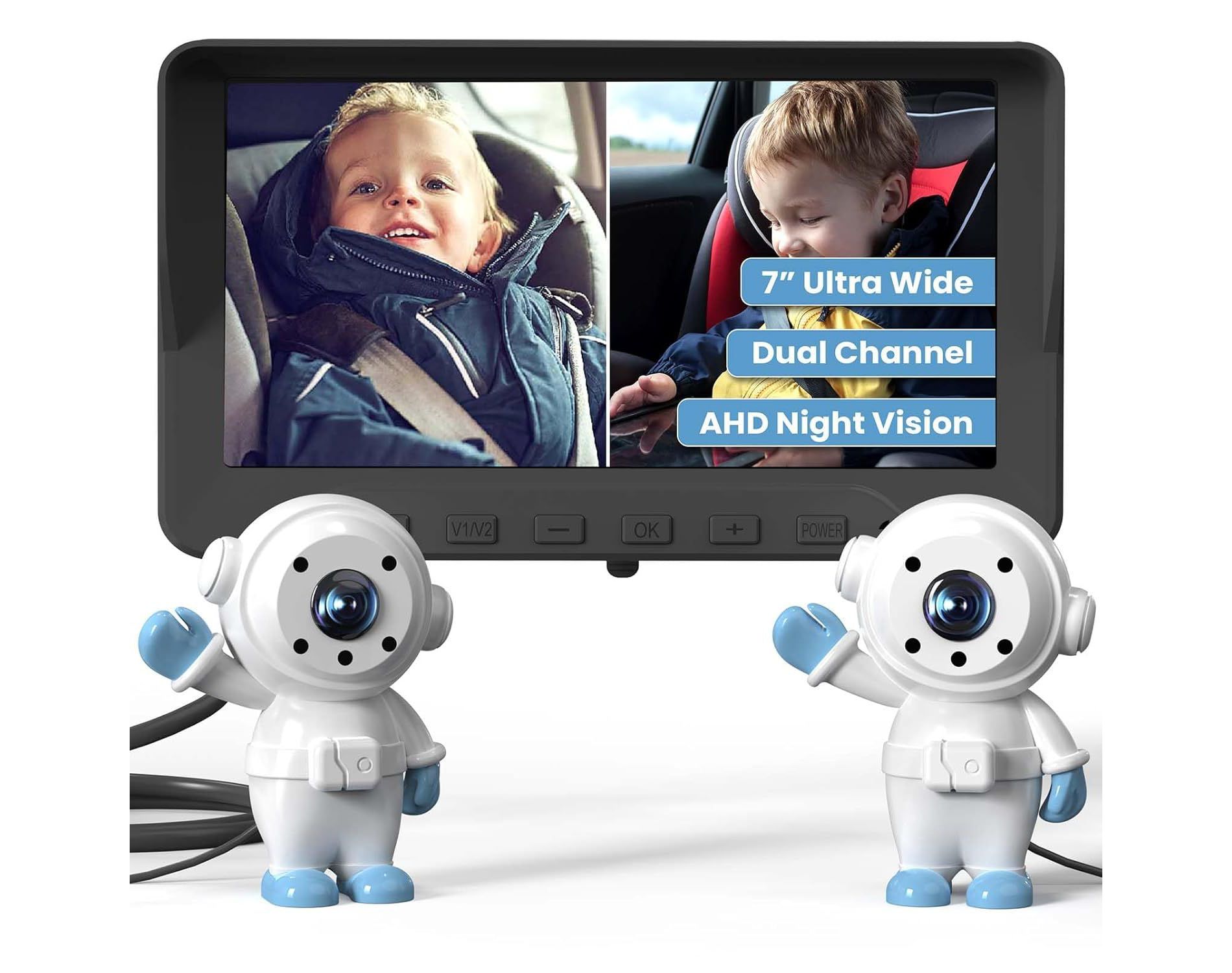 GROWNSY Baby Car Camera for 2 Kids, 7 in Ultrawide AHD Car Baby Monitor with 2 Camera, Night Vision