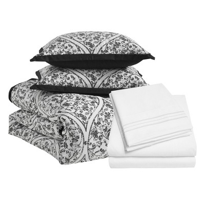 Sweet Home Collections Trieste 11 Piece Damask Jacquard Complete Bedding Set with Sheets- Queen, White — фото 2