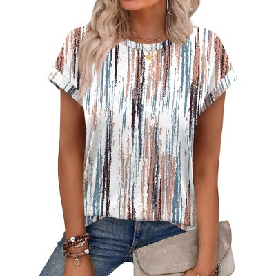 Womens Summer Tops Print Crew Neck Cute Tees Fashion Tunic Shirts Short Sleeve Blouses